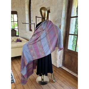 Large Grey pink Kashmiri Jacquard Design Pashmina Wool Shawl Wrap Muslim Hijab - Picture 1 of 10