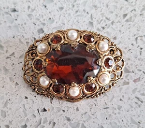 Vintage Made in Germany Filigree Brooch Amber Rhinestones & Faux Pearls - Picture 1 of 4