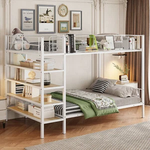 Twin Over Full Metal Bunk Bed with 5-Tier Shelves, White - Picture 1 of 12