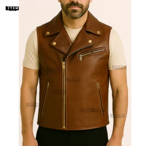Men’s Brown Leather Vest-Vest Biker Cafe - Adjustable Vest Biker Cafe - S to 5XL - Picture 1 of 11