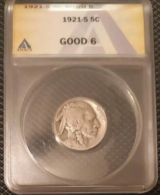 1921 S BUFFALO NICKEL ANACS G-6 - SEMI KEY DATE - BUFFALO - CERTIFIED SLAB - 5C - Image 1 of 4