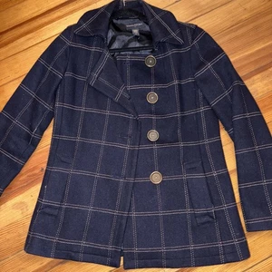 Y2K Banana Republic Plaid Wool Pea Coat Gr. XS Navy Designer Jacke Button Down - Bild 1 von 3