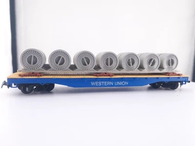 *READ* Tyco HO Scale Western Union Flat Car with Coil Load Model Train Car Blue - Image 1 of 4