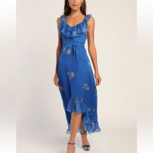 Lulu’s Enchanting Elegance Blue Floral Ruffle neck High Low Chiffon Dress | Si - Picture 1 of 11