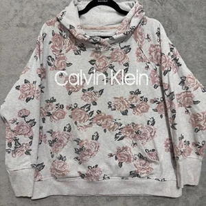 Calvin Klein Flower Floral Sweatshirt Hoodie Womens L Drawstring Gray Pink - Picture 1 of 8