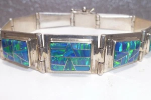 Deceased Tom Kidd Navajo Link Bracelet Blue Opal Inlaid Sterling Silver Native - Picture 1 of 10