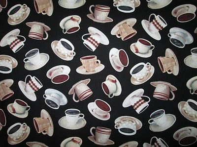 DINER COFFEE CUPS SAUCERS DRINKS BLACK COTTON FABRIC FQ - Image 1 of 4