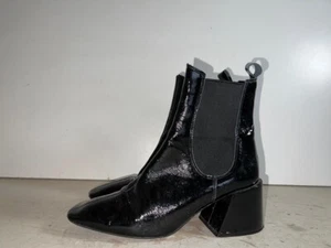 TOP SHOP WOMEN'S BLACK PATENT LEATHER PULL ON BLOCK ANKLE BOOTS UK 6 EU 39 BT119 - Picture 1 of 7