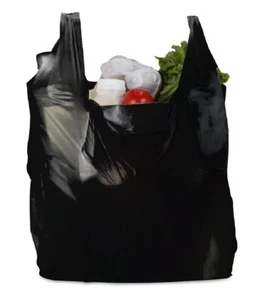 Vest Carrier Bags Reusable Black Plastic Carry Bags 8" x 13" x 18" 16mu - Picture 1 of 5