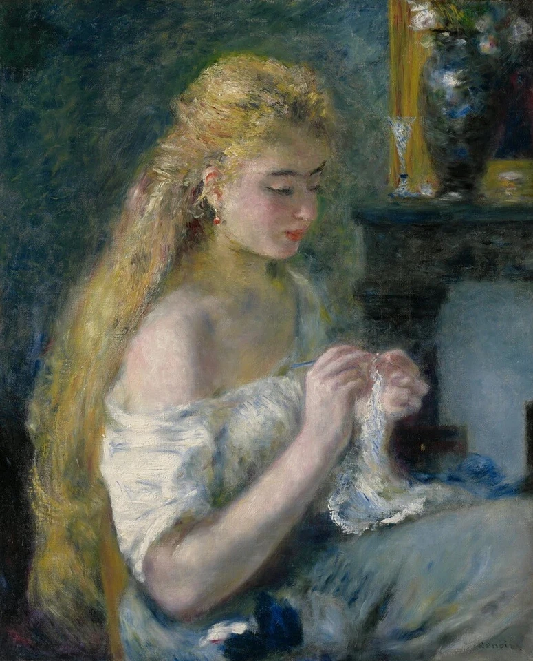 Póster impreso arte pared mujer ganchillo c 1875, Pierre Auguste Renoir 14" x 11" Foto 1 de 1