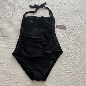 NWT~Women's~SMISMIVO~RUSHED SIDES~Black Halter Swimsuit Tummy Control Size L - Picture 1 of 8