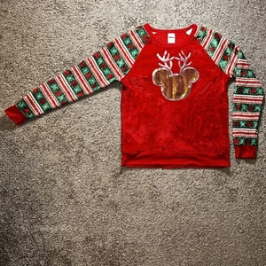 Disney Mickey Mouse Holiday Sweatshirt Sequin Trim Juniors Extra Large - Picture 1 of 6