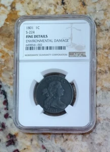 Centavo grande busto drapeado 1801, S-224, detalles NGC F - Imagen 1 de 4