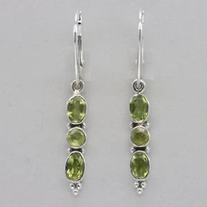 925 Sterling Silver - Triple Green Peridot Leverback Drop / Dangle Earrings - Picture 1 of 9