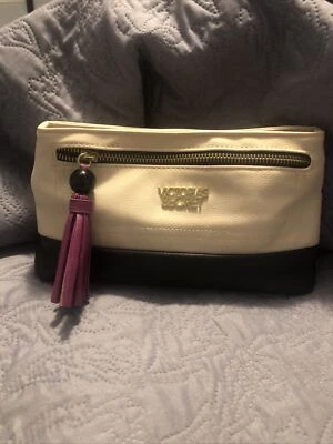 Bolso de Cosméticos Victoria's Secret Crema y Negro Borla Púrpura Usado en Excelente Condición Foto 1 de 4