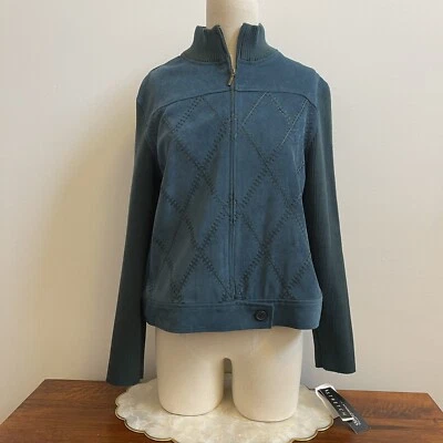Norton Mcnaughton Blue Teal Ribbed knit Faux Suede Zip Jacket Stretch  10/12P - Image 1 of 4