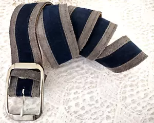 Vintage 1990's Blue Gray 1.5 In Wide Striped Suede Belt Silver Tone Hardware NOS - Picture 1 of 13