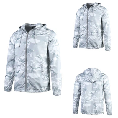 Jaqueta esportiva masculina com capuz zíper completo leve corta-vento camuflada branca - Imagem 1 de 4