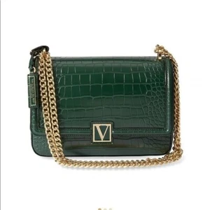 Victoria's Secret Handbag Cross-Body Shoulder Emerald Faux Croc Logo Kiss Lock - Picture 1 of 14