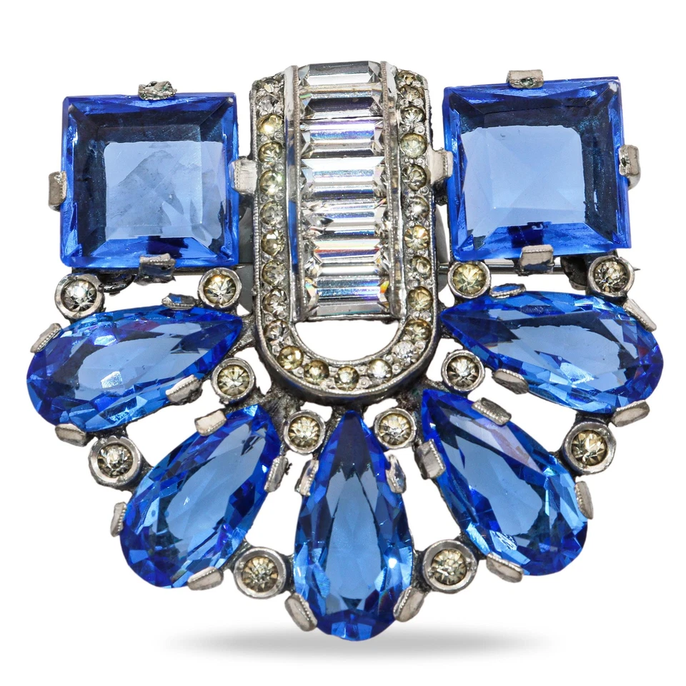 Vintage Art Deco Style Blue Rhinestone & Clear Crystal Fan Brooch - Image 1 of 4