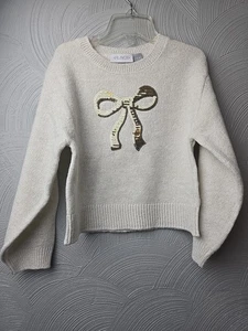The Children’s Place Girls White Long Sleeve Sweater Gold Sequence Bow 5/6 - Picture 1 of 5