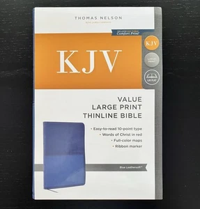 KJV Bibel großer Druck roter Buchstabe flach liegend blau lederweich Thomas Nelson NEU - Bild 1 von 4