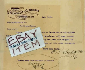 1912 letter JB GOODLET TEXAS banker RANCHER Quanah TANKERSLEY Winchester Rifle - Picture 1 of 1