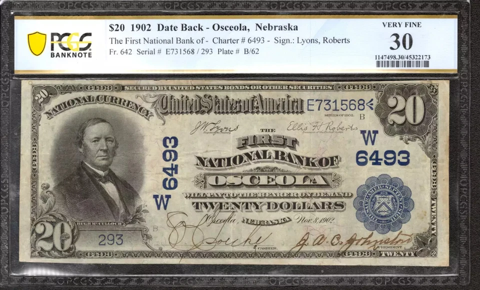 1902 $20 FIRST NATIONAL BANKNOTE CURRENCY OSCEOLA NEBRASKA PCGS 30 VF (568) - Image 1 of 2