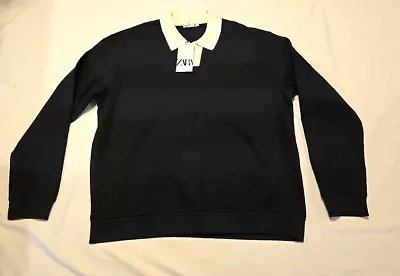 Zara Men's Striped Knit Polo Long Sleeve Shirt Green/ Navy Blue Size XL Thick - Image 1 of 4