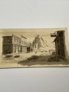 ANTIQUE ART DECO PAINTING ILLUSTRATION Ghost Town Western Landscape Desert - Picture 1 of 18