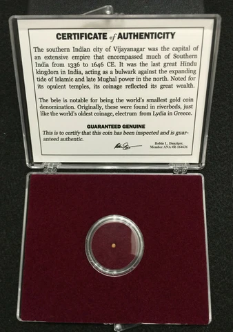 World's Smallest Gold Coin India Vijayanagara Empire (1336 -1646 CE) COA Inc Cover