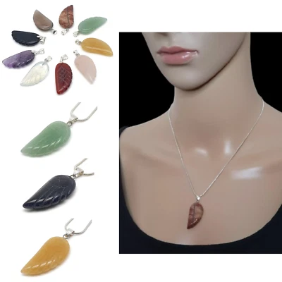 Necklace Angel Wing Pendant Carved Gemstone Boho Chakra Crystal Silver Plated - Image 1 of 4