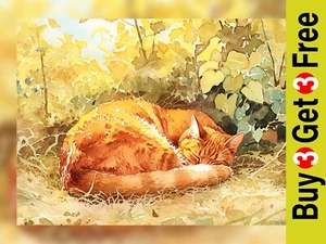 Sleeping Ginger Cat 5"x7" Print on Matte Paper | Cozy Sunlit Watercolor Art - Picture 1 of 17