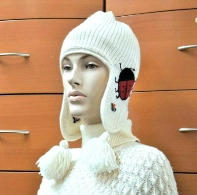 KNITTED WOOL HAT OFF WHITE AVIATOR STYLE FOR WOMEN GIFT FOR GIRL LADYBUG DECOR - Imagem 1 de 4