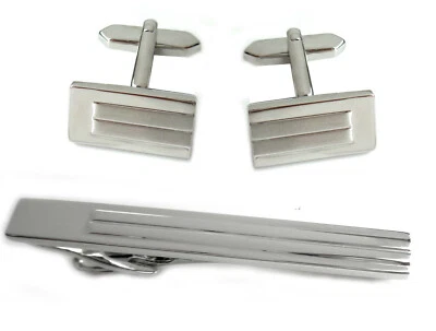 SET Manschettenknöpfe + Krawattennadel silbern matt-glänzend 5,7 cm + Box KLS079 - Bild 1 von 4