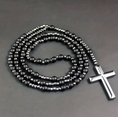 Black Natural Stone Round Beads Long Chain Hematite Cross Rosary Beads Men Women - Image 1 of 3