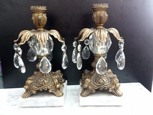 2er Set Vintage Messing & Kunstkristall Kerzenständer - Hollywood Regency Stil - Bild 1 von 8