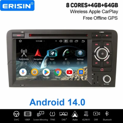 4GB+64GB Android 14 CarPlay DAB+ Autoradio für AUDI A3 S3 RS3 Navi WiFi USB DSP - Bild 1 von 4