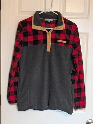 Chaqueta pulóver Simply Southern polar a presión para mujer pequeña gris roja bolsillos a cuadros Foto 1 de 4