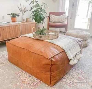 Leather Boho Genuine Unstuffed Brown Square Aamazing 30'' Pouf Retro Footrest - Picture 1 of 5