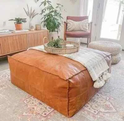 Leather Boho Genuine Unstuffed Brown Square Aamazing 30'' Pouf Retro Footrest - Image 1 of 4