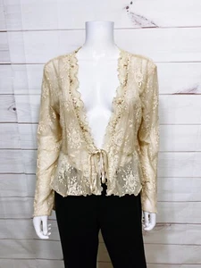 New York & Company Stretch Womens Top Size XL Beige Lace Floral Tie Front - Picture 1 of 6