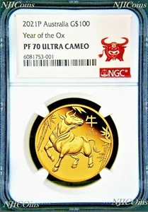 2021 P Australia PROOF GOLD $100 Lunar Year of the OX NGC PF70 1oz Coin - Picture 1 of 4