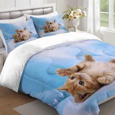 Conjunto de edredom de verão Yasida gato queen size para crianças gato azul 3 peças B... - Imagem 1 de 4