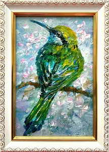 Green Bird Original oil painting nature Bird Art mini art 4x6inch - Picture 1 of 5