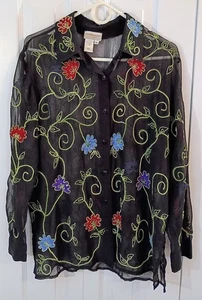 Schwarzes geblümtes geknöpftes Damenhemd - transparent - Langarm - Medium - Coldwater Creek - Bild 1 von 3