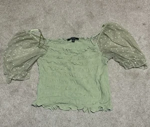 Ambiance Shirt Womens Medium Lime Green Puff Sleeve Ruffle  Crop Top - Picture 1 of 4