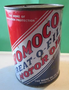 Vintage 1 Qt Homoco Treat-O-Film Motor Oil Tin Can COOL Advertising Empty - Picture 1 of 12
