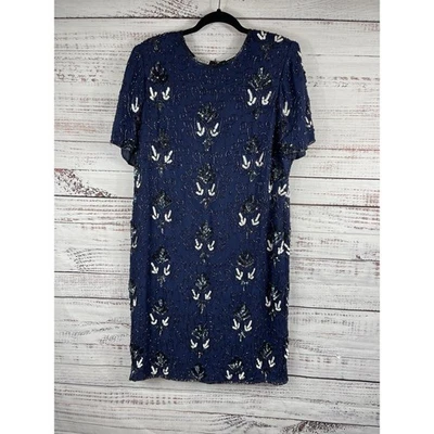 Vestido para mujer Stenay Plus 16 azul seda lentejuelas cuentas manga corta forrado ojo de cerradura Foto 1 de 4