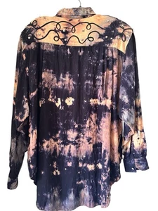 Vtg 80s Tie Dye Studded Embellished Cowgirl Yoke Blouse MOP Button Oversized 12 - Picture 1 of 9